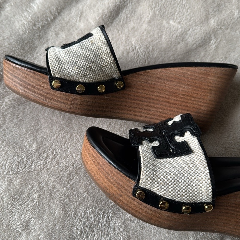 Tory Burch Black and Cream Wedge Sandals - Picture 6 of 13